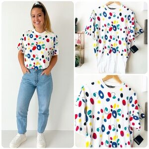Vintage 80s Evan Davies Color Pop Circles Dots Swirl Short Sleeve Top Medium